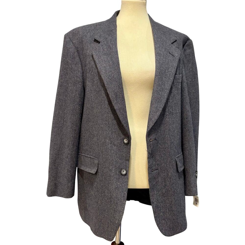 Perry Ellis Vintage Grey Tweed Blazer Jacket Dark Academia Preppy Classic 39R